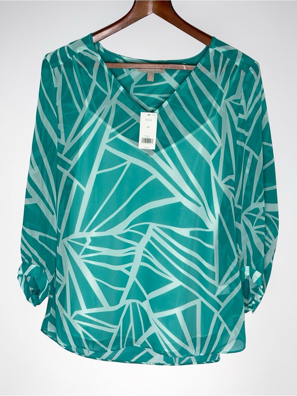 NWT Banana Republic Olympus Turquoise Geometric Sheer Blouse & Cami Size M $80 - Picture 2 of 11